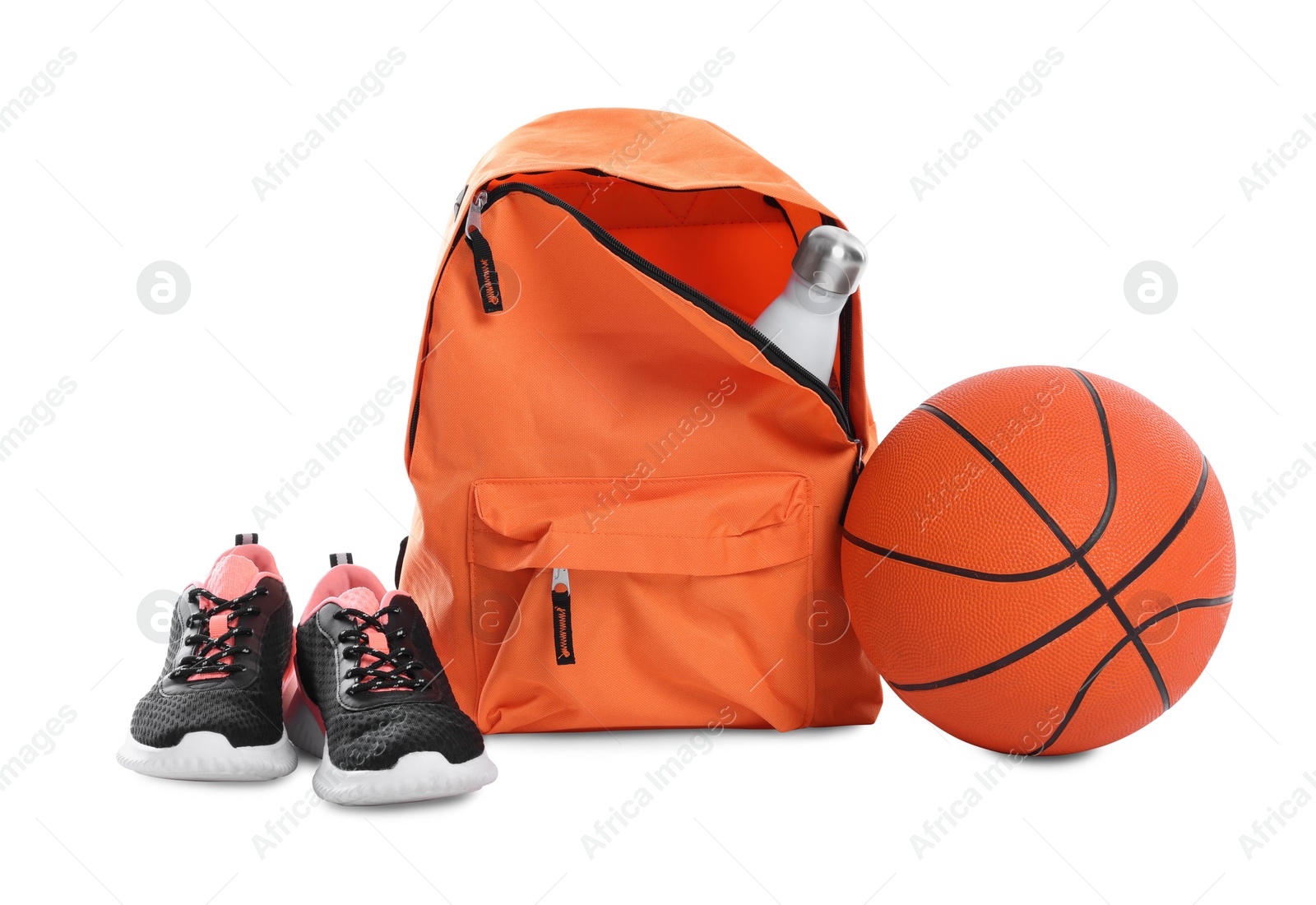 Photo of Backpack with sports equipment on white background