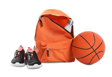 Photo of Backpack with sports equipment on white background