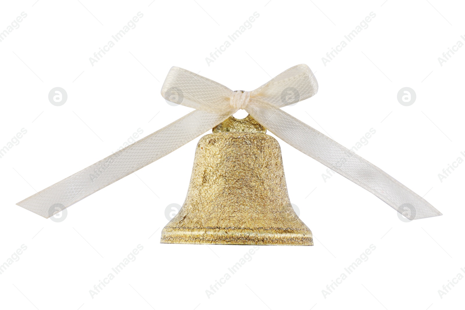 Photo of Golden shiny bell with bow isolated on white. Christmas decoration