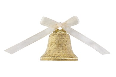 Golden shiny bell with bow isolated on white. Christmas decoration