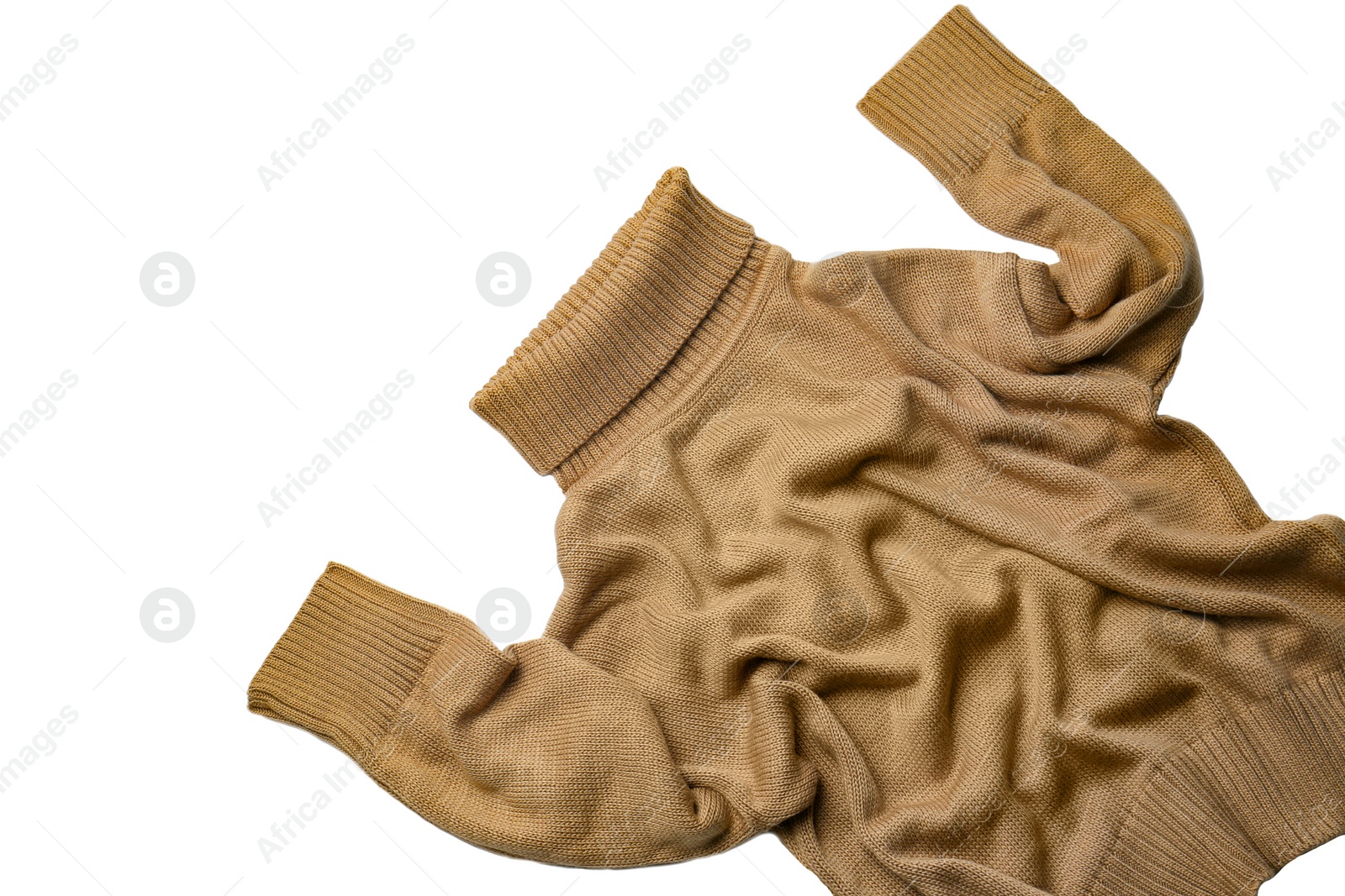 Photo of Brown turtleneck sweater on white background, top view