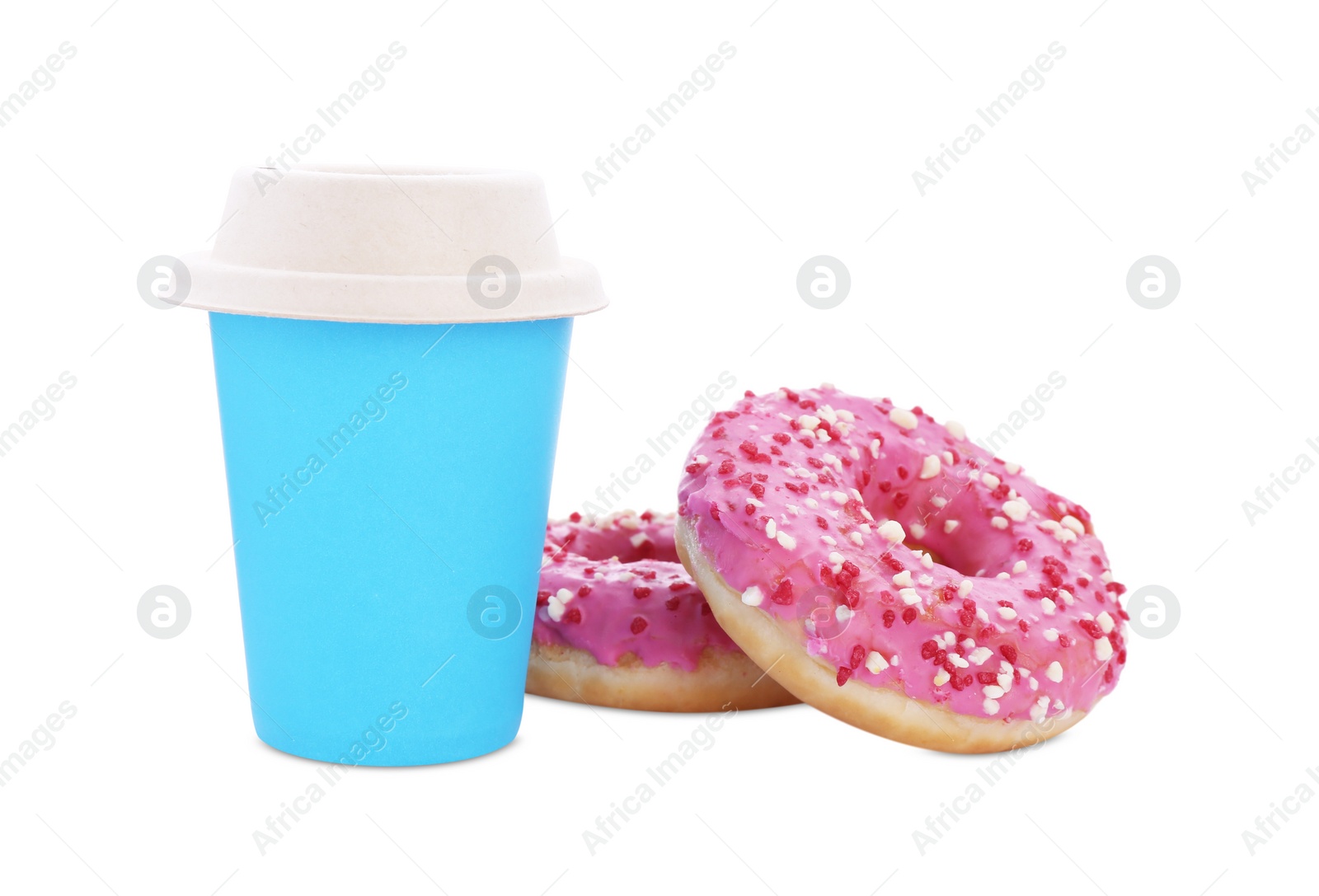 Photo of Two delicious donuts with sprinkles and hot drink isolated on white