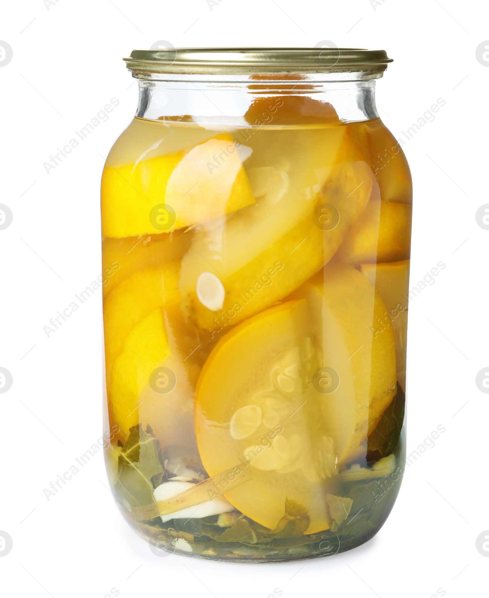 Photo of Glass jar with pickled yellow squashes isolated on white