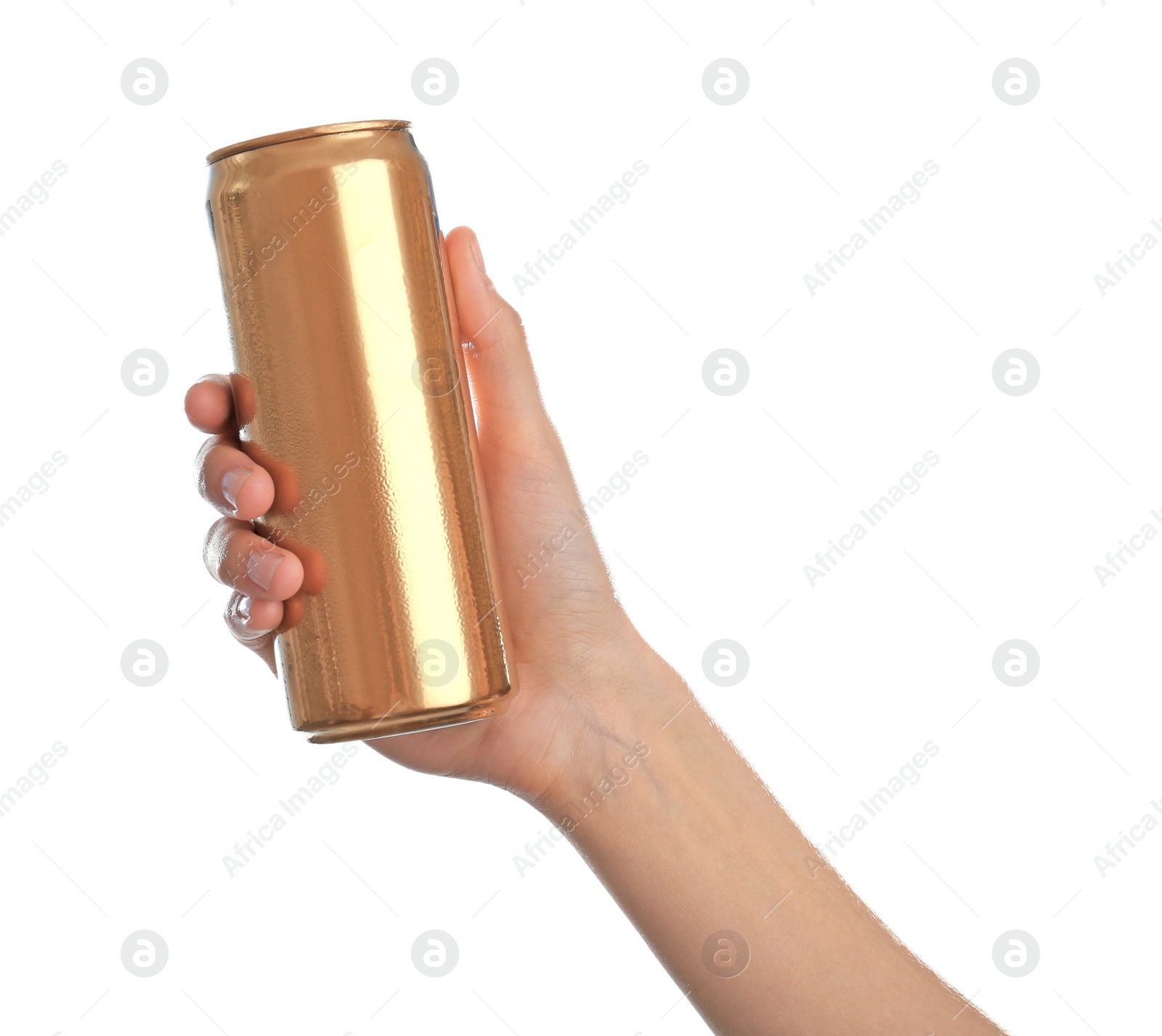 Photo of Woman holding aluminum can with beverage on white background