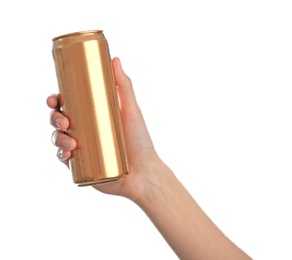 Woman holding aluminum can with beverage on white background