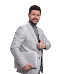 Photo of Handsome bearded businessman with tablet on white background