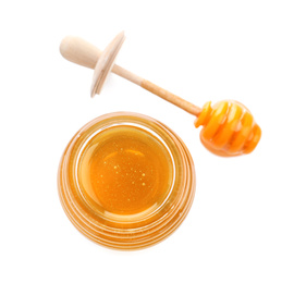 Jar of organic honey and dipper isolated on white, top view