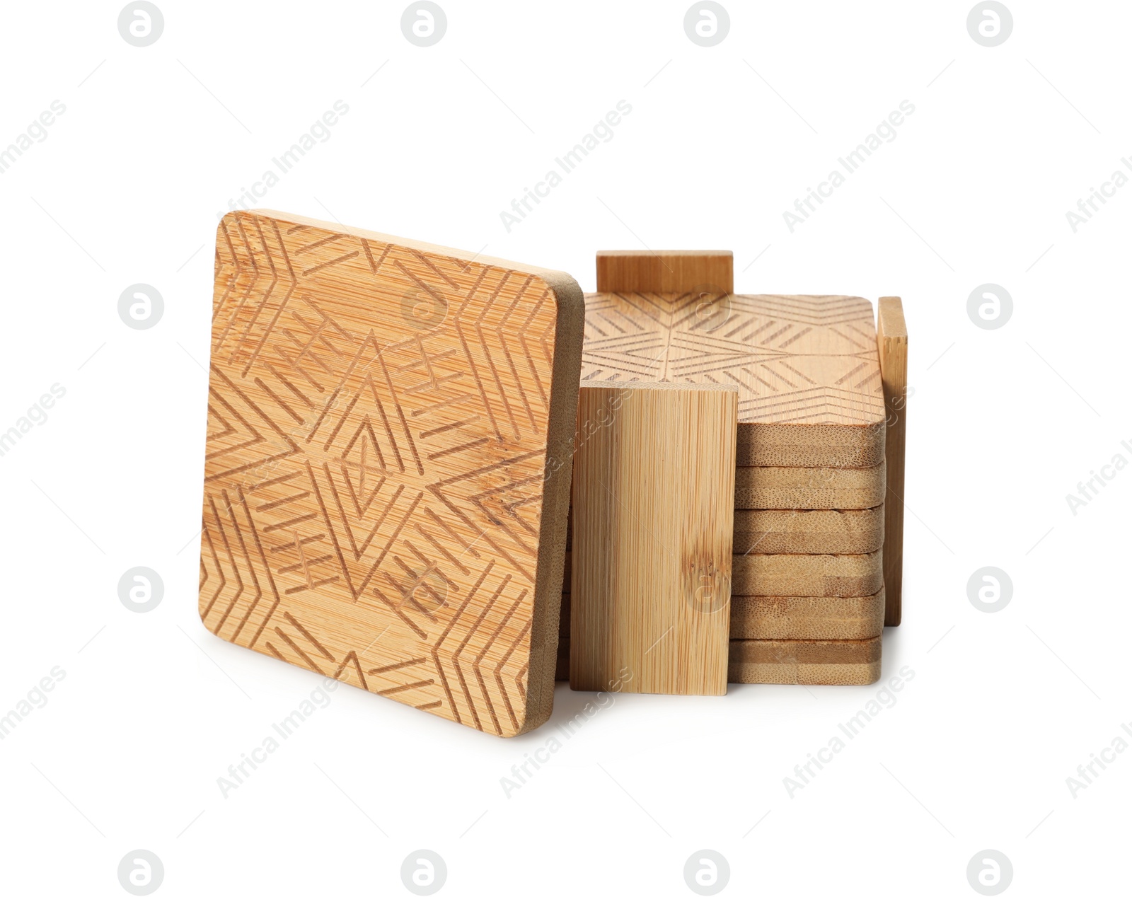 Photo of Stylish wooden cup coasters and holder on white background