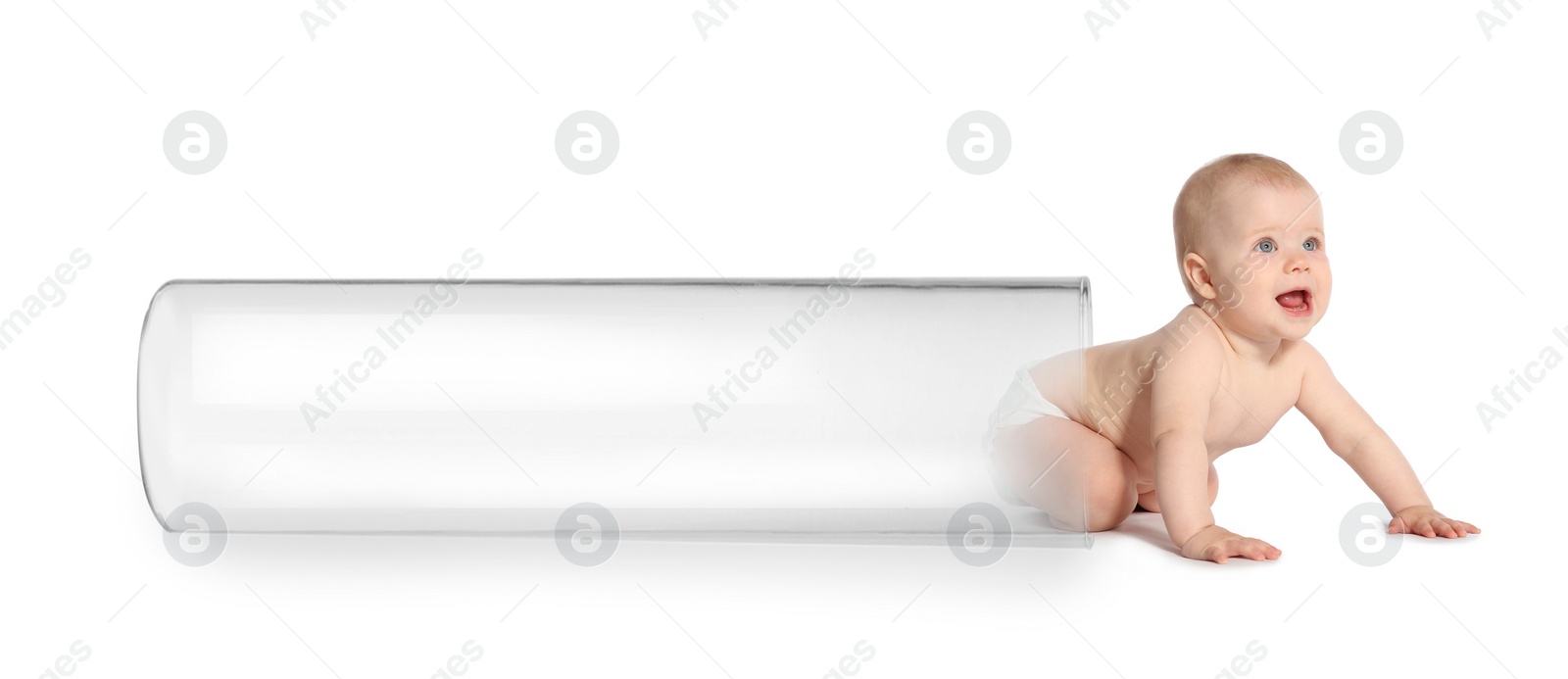 Image of Little baby and test tube on white background, banner design. Reproductive medicine