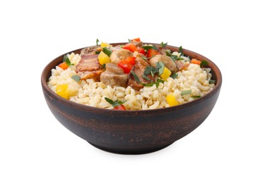 Photo of Cooked bulgur with vegetables, fried bacon and mushrooms in bowl isolated on white