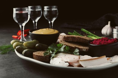 Photo of Tasty salt pork with rye bread and sauces served on grey table