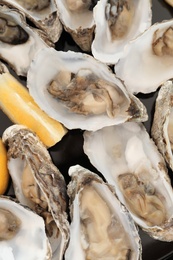 Photo of Fresh oysters with cut juicy lemon, top view