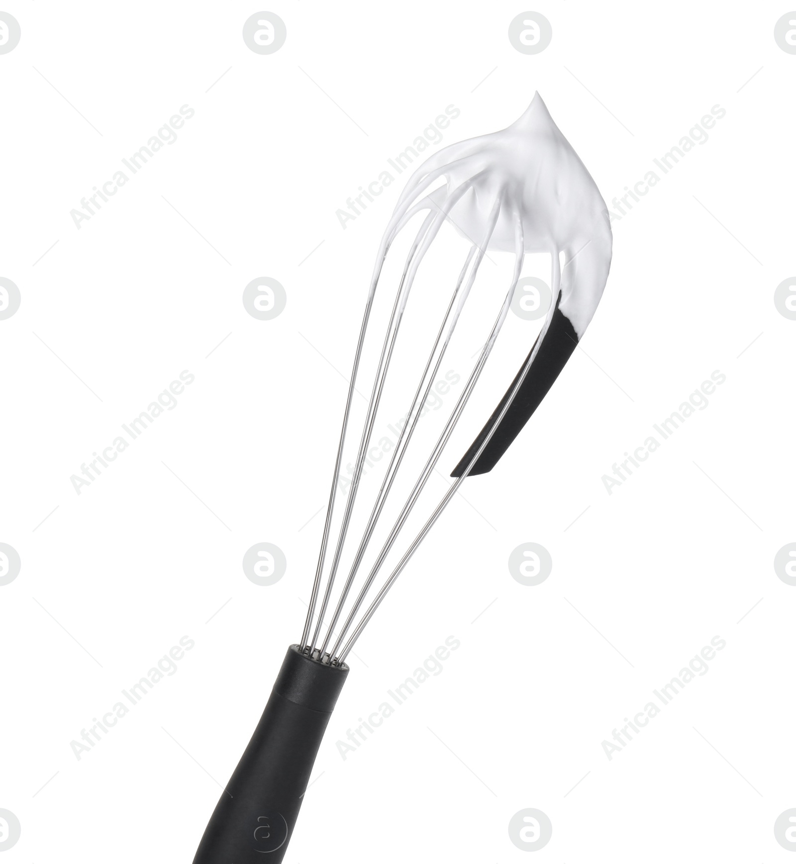 Photo of Whisk with whipped cream isolated on white