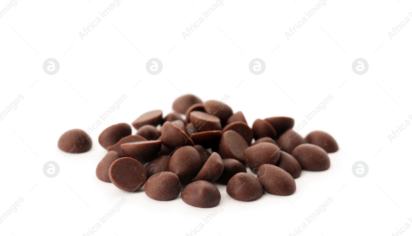 Photo of Pile of delicious dark chocolate chips on white background