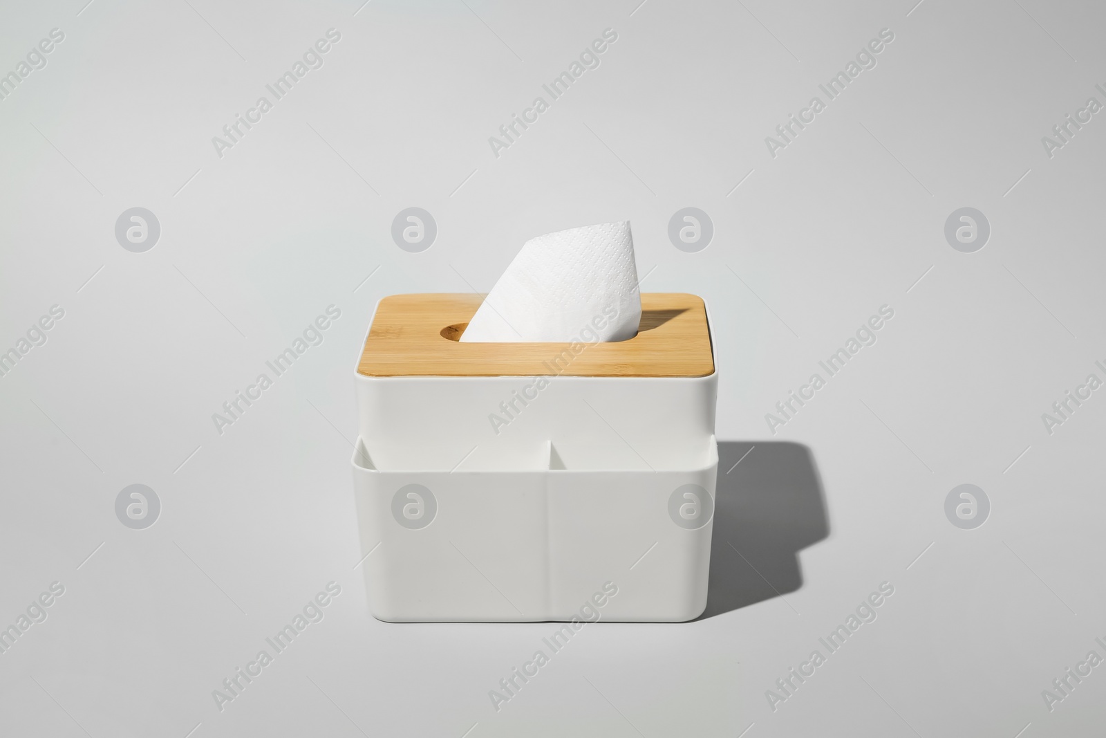 Photo of Holder with paper tissues on light grey background