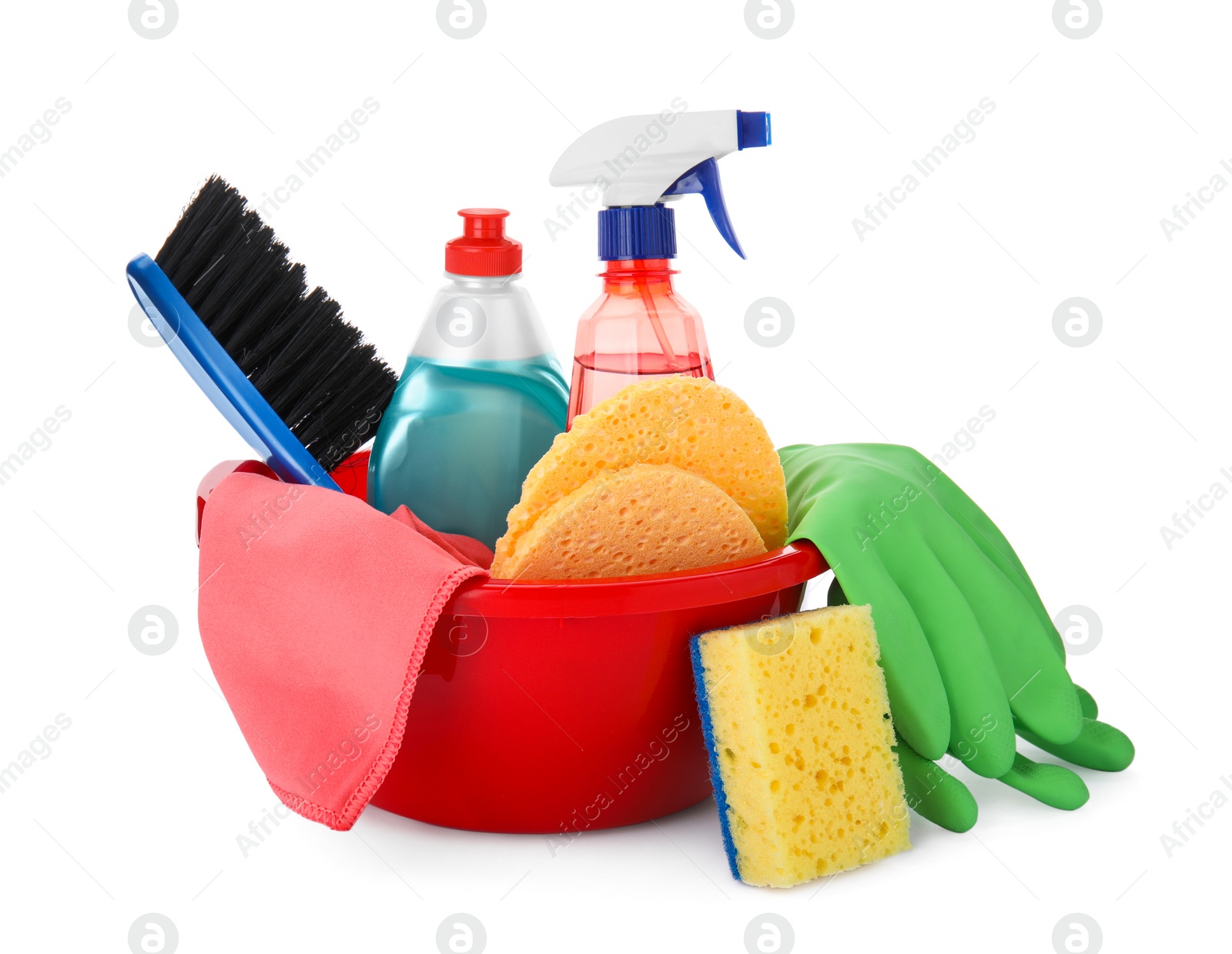 Photo of Red basin with cleaning supplies and tools on white background