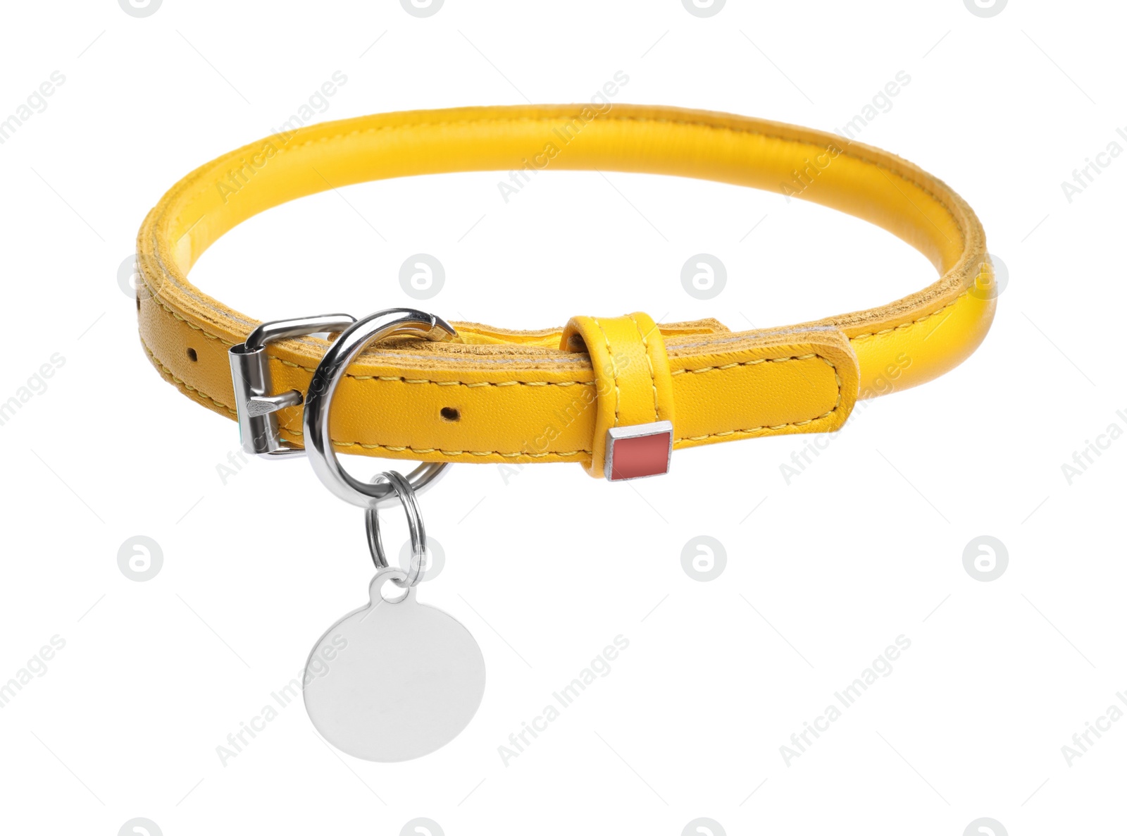 Photo of Yellow leather dog collar with tag isolated on white