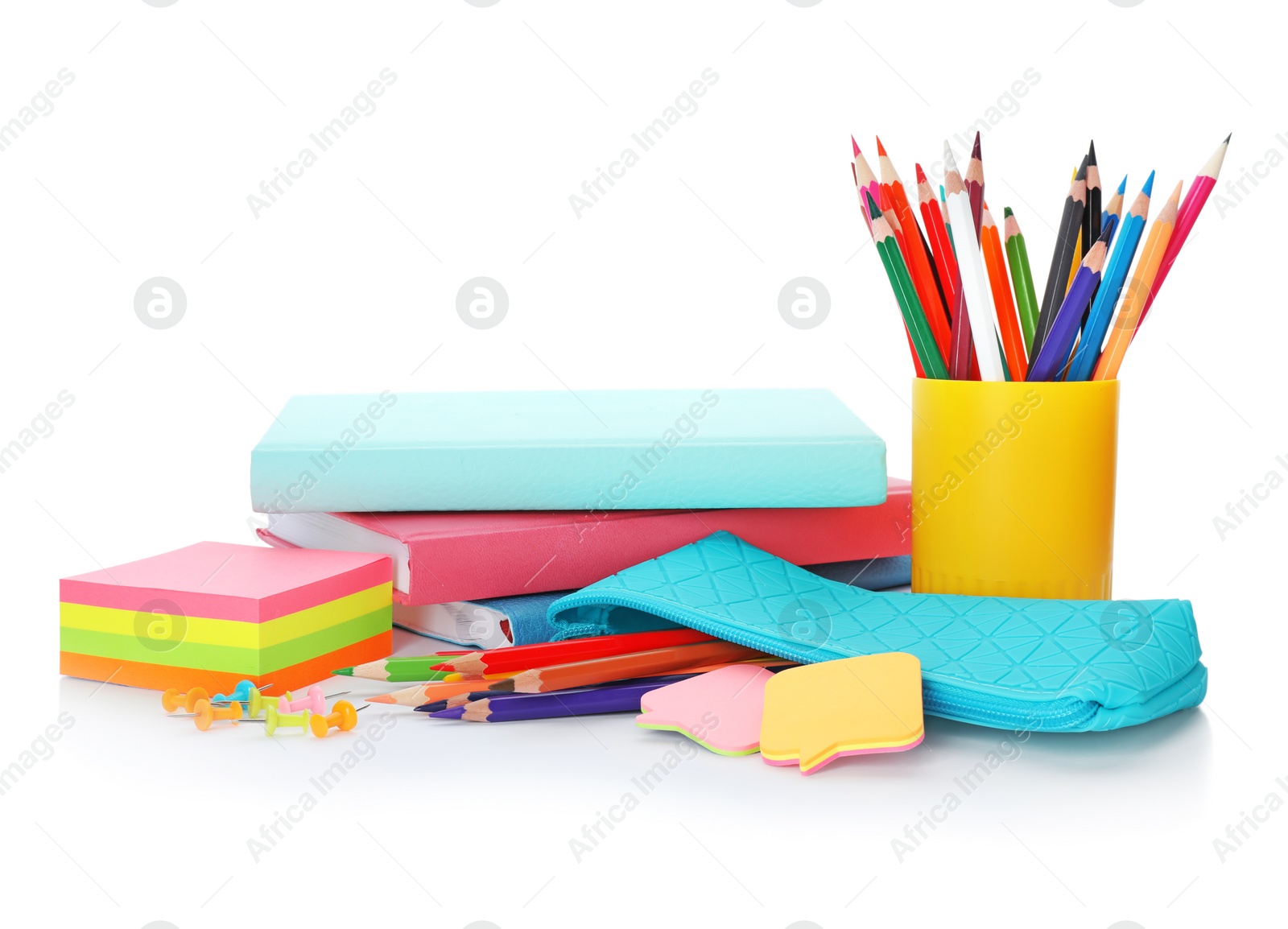 Photo of Different colorful stationery on white background. Back to school