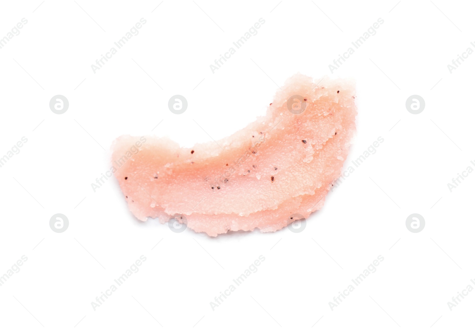 Photo of Smear of pink body scrub isolated on white, top view