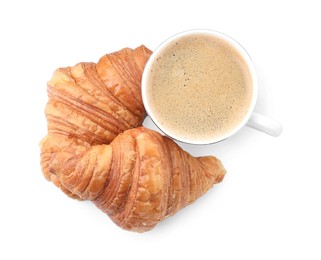 Photo of Fresh croissants and coffee isolated on white, top view. Tasty breakfast