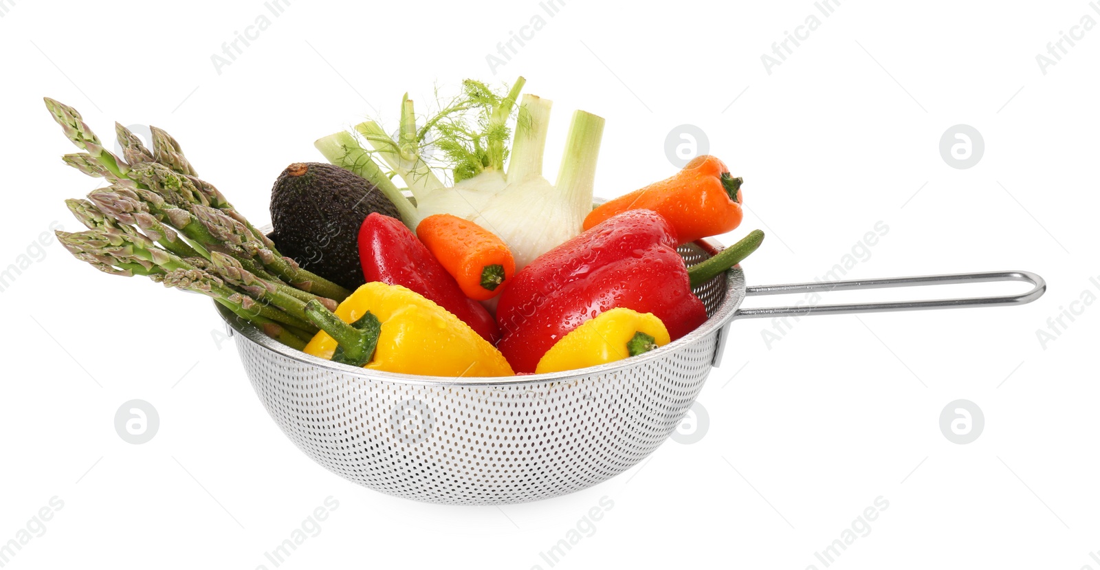 Photo of Metal colander with different vegetables and avocado isolated on white