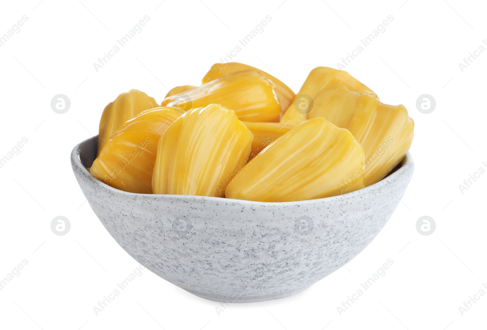 Photo of Delicious jackfruit bulbs in bowl on white background