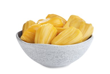 Delicious jackfruit bulbs in bowl on white background