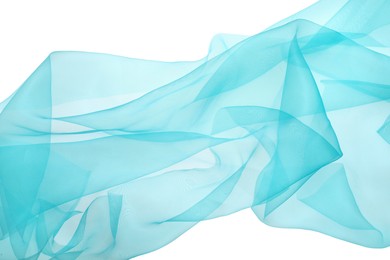 Photo of Beautiful turquoise tulle fabric on white background