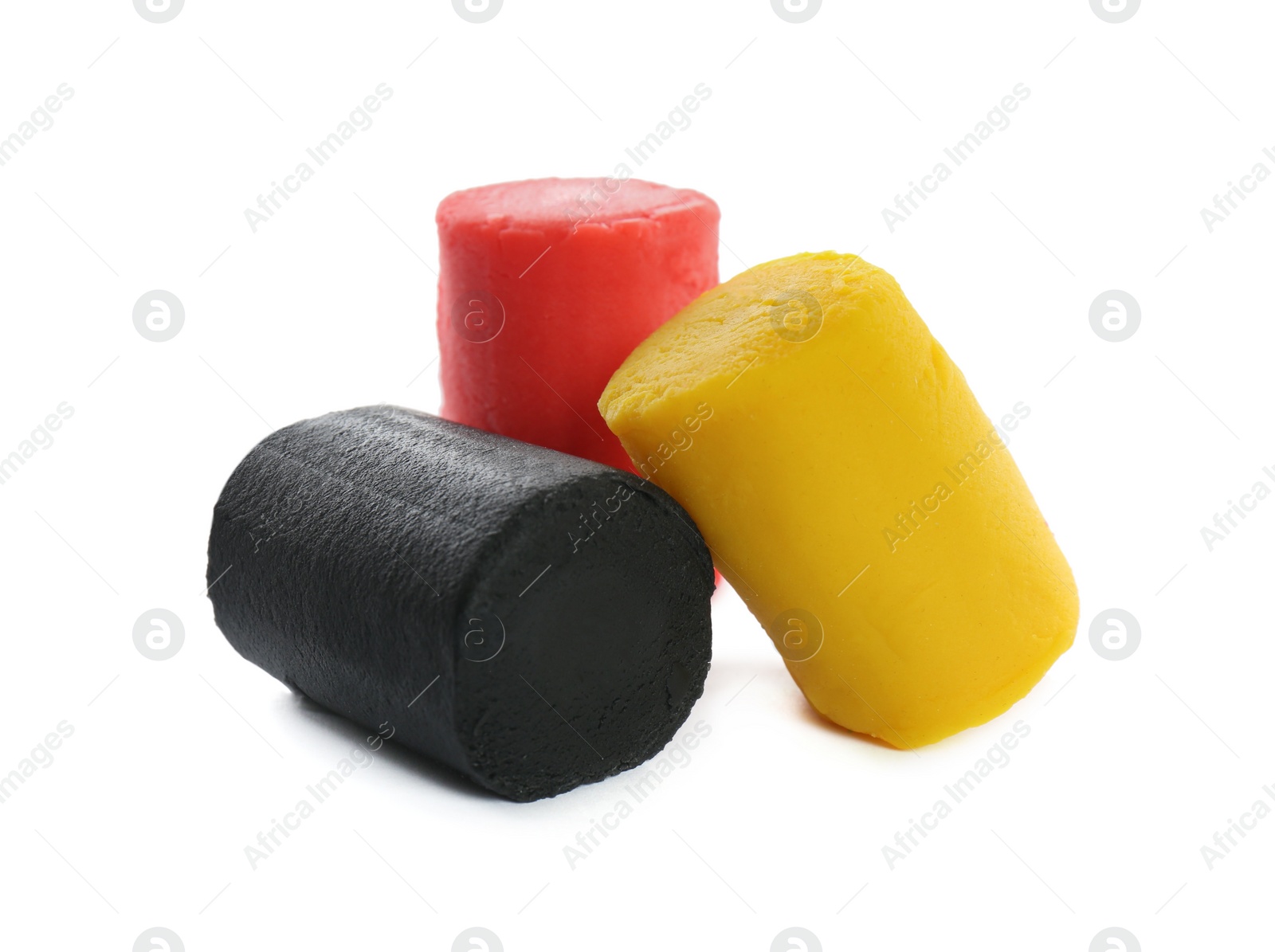 Photo of Different colorful play dough on white background