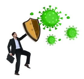 Image of Be healthy - boost your immunity. Man blocking viruses with shield, illustration