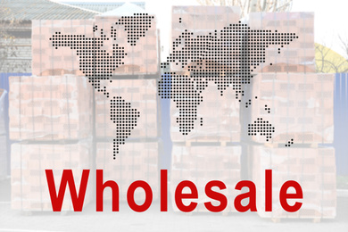 Image of Wholesale business. World map and blurred pallets with bricks on background