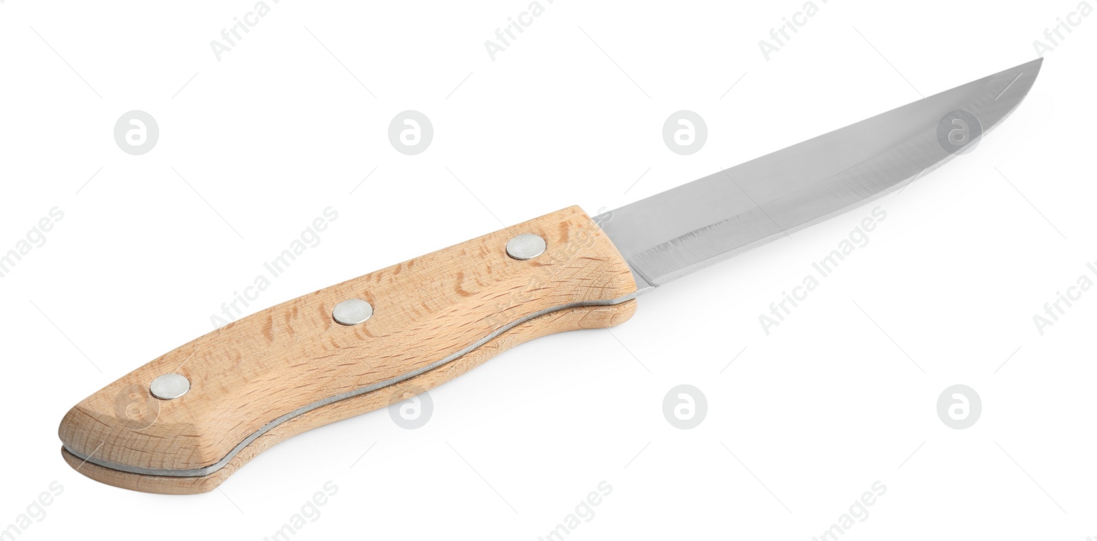 Photo of One sharp knife with wooden handle isolated on white