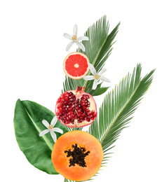 Image of Tropical layout with fresh exotic fruits and green leaves on white background, top view