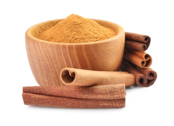 Dry aromatic cinnamon sticks and powder isolated on white