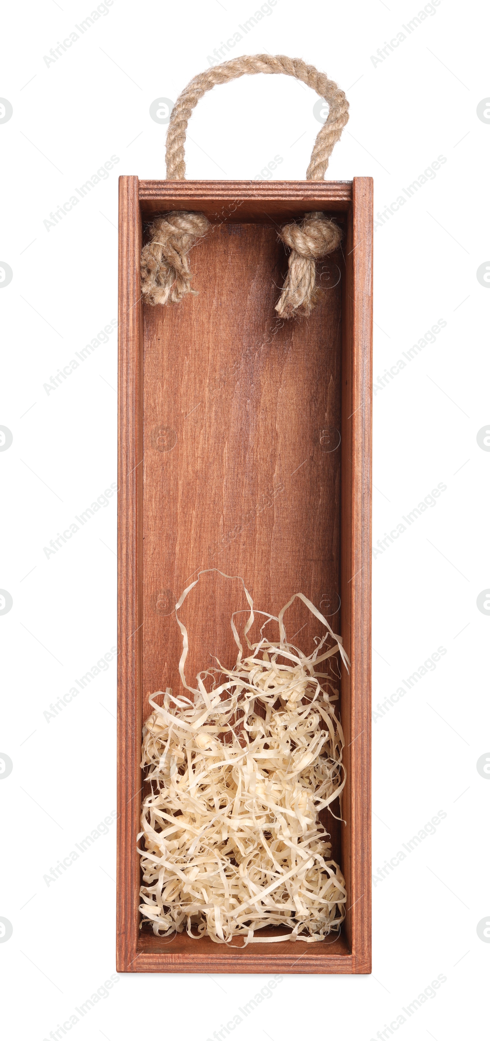 Photo of Open wooden wine box with straw isolated on white