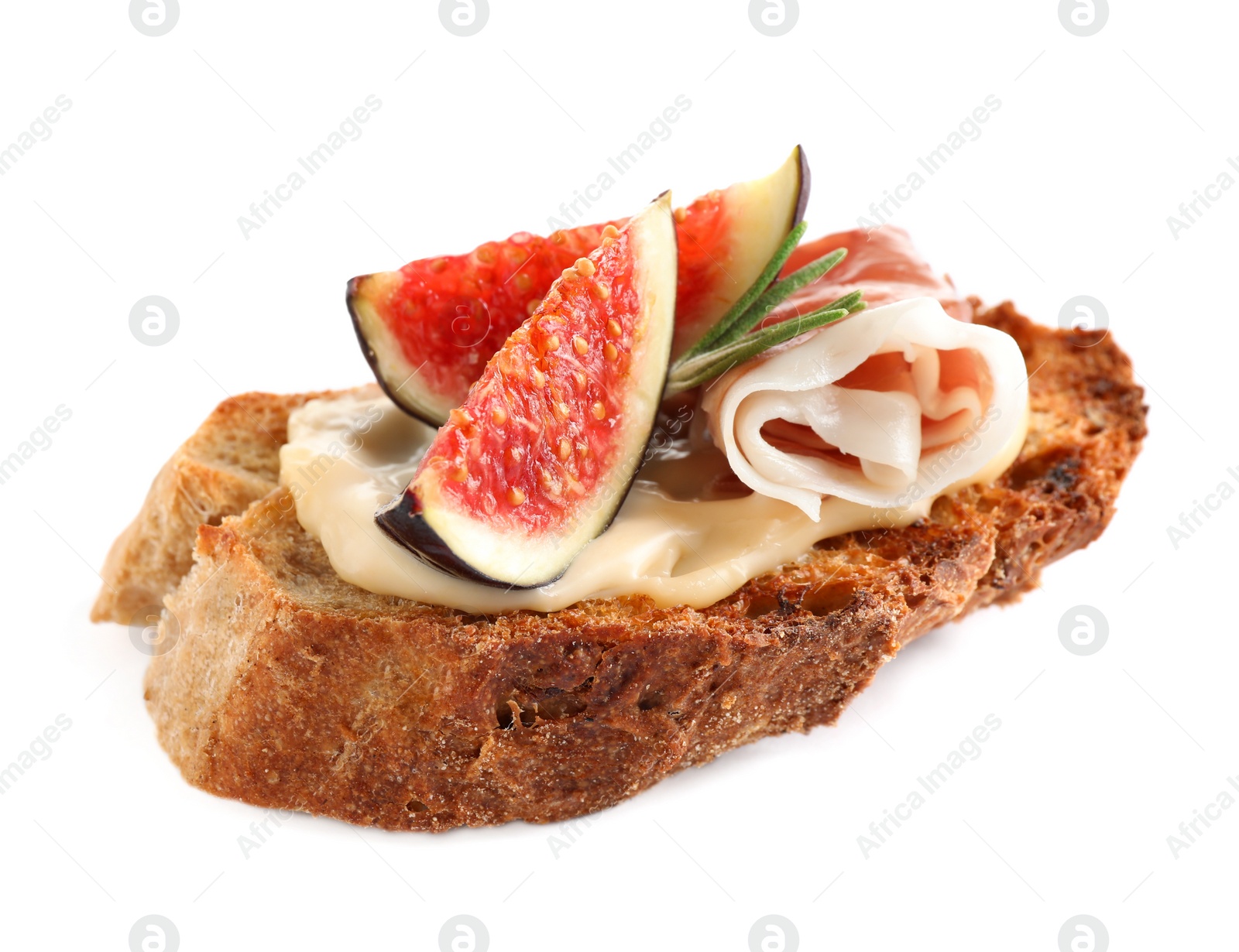 Photo of Bruschetta with cream cheese, prosciutto and figs isolated on white