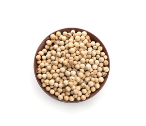 Photo of Bowl with pepper grains on white background, top view