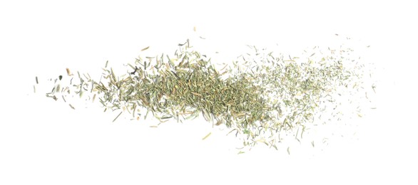 Tasty aromatic dry dill on white background, top view