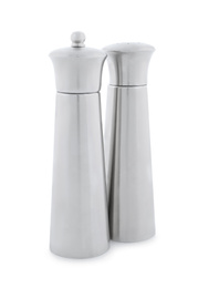 Photo of Stainless steel salt and pepper shakers isolated on white