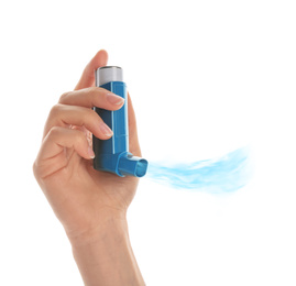 Image of Woman holding asthma inhaler with steam on white background, closeup