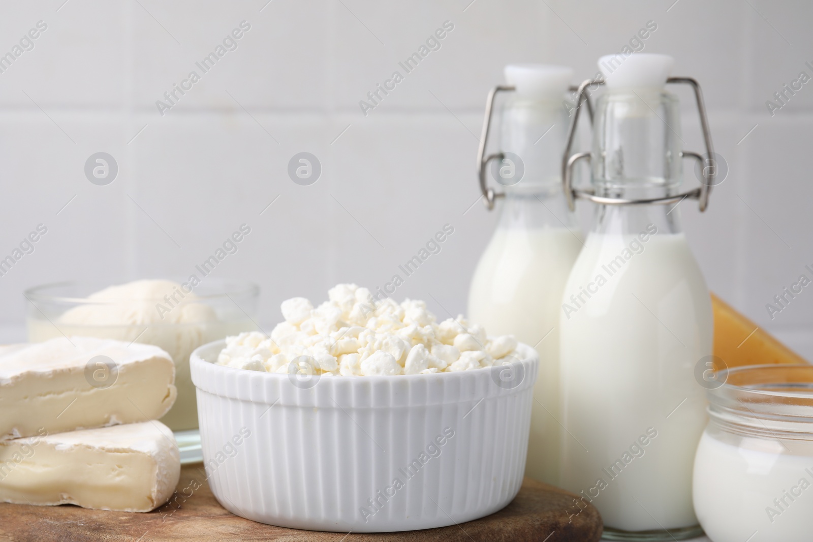 Photo of Different fresh dairy products on table, closeup