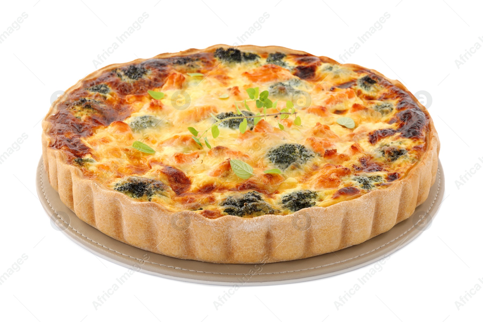 Photo of Delicious homemade quiche with salmon and broccoli isolated on white