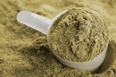 Hemp protein powder and measuring scoop, closeup