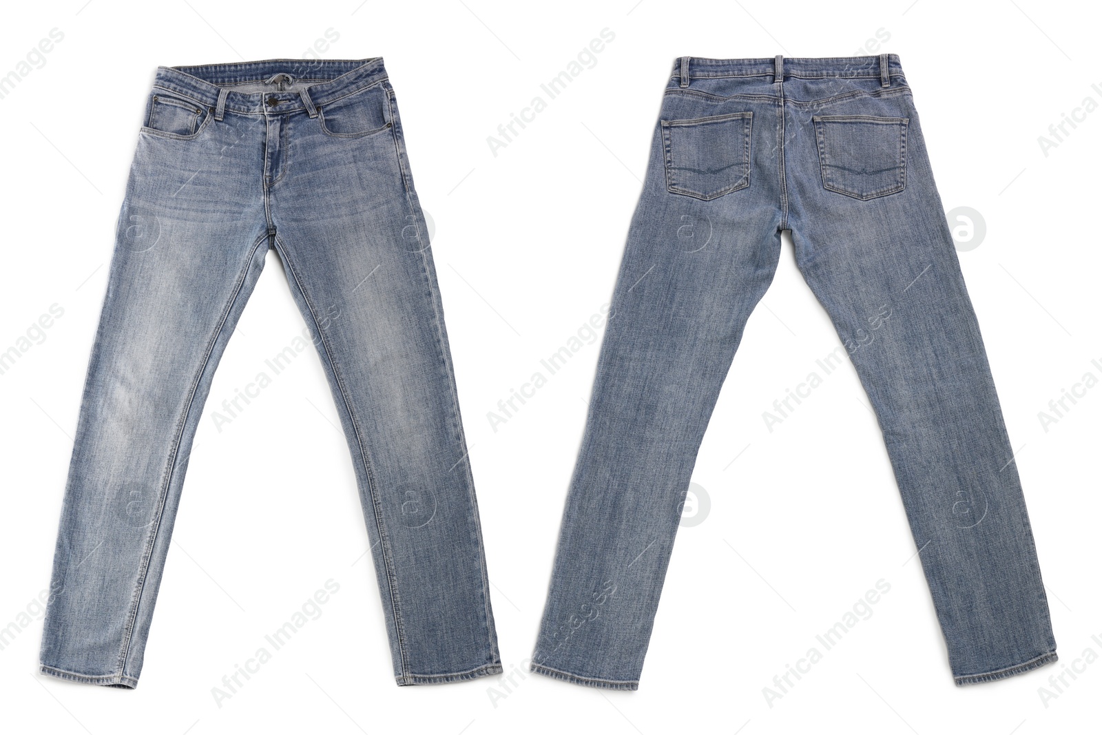 Image of Collage with jeans isolated on white, back and front views