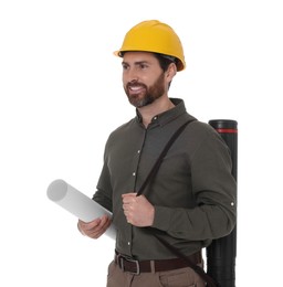 Architect in hard hat with drawing tube and draft on white background