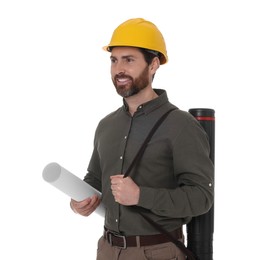 Photo of Architect in hard hat with drawing tube and draft on white background