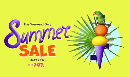 Hot summer sale flyer design with creative ice cream and parrot on yellow background