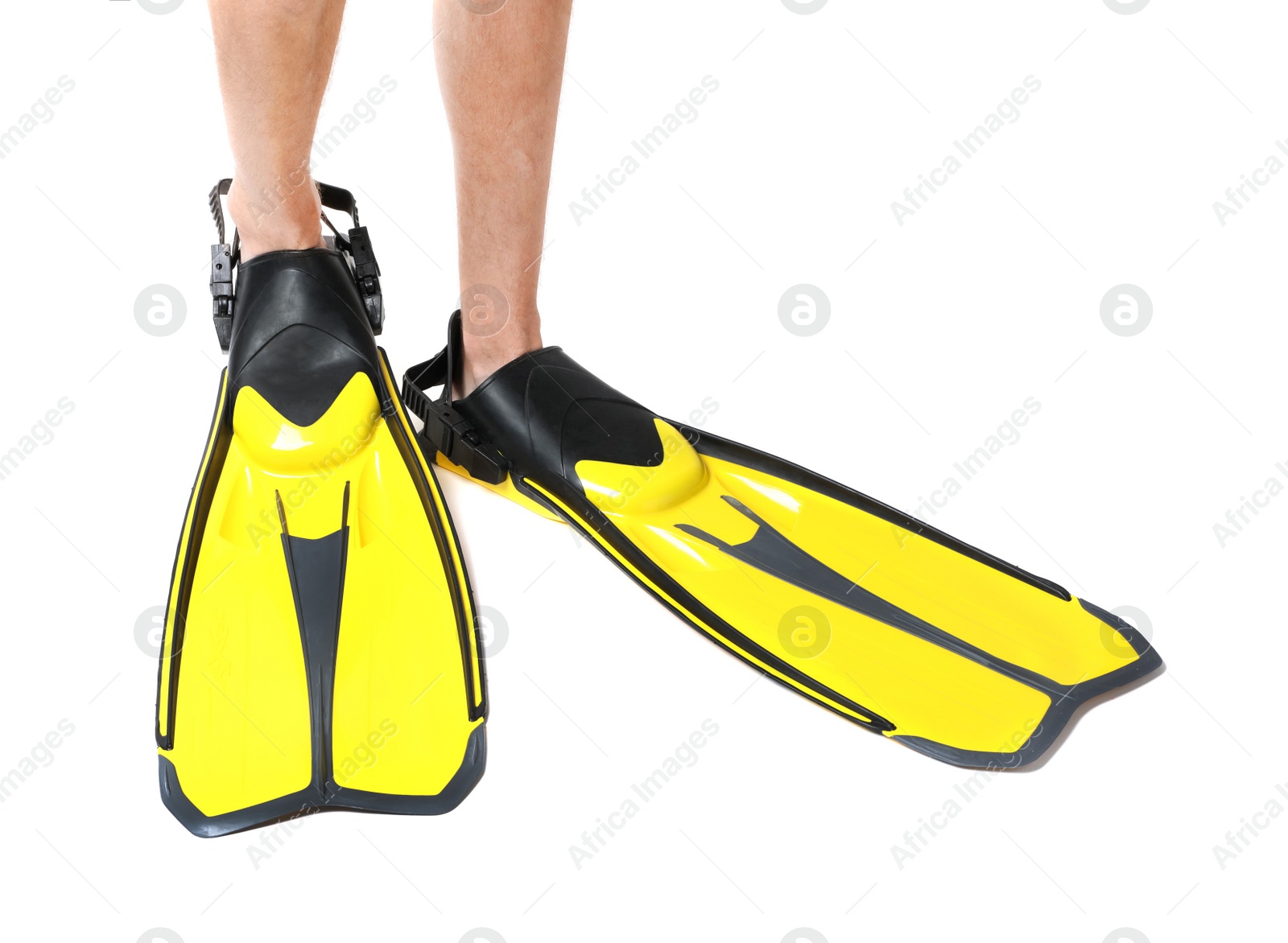 Photo of Man wearing yellow flippers on white background, closeup