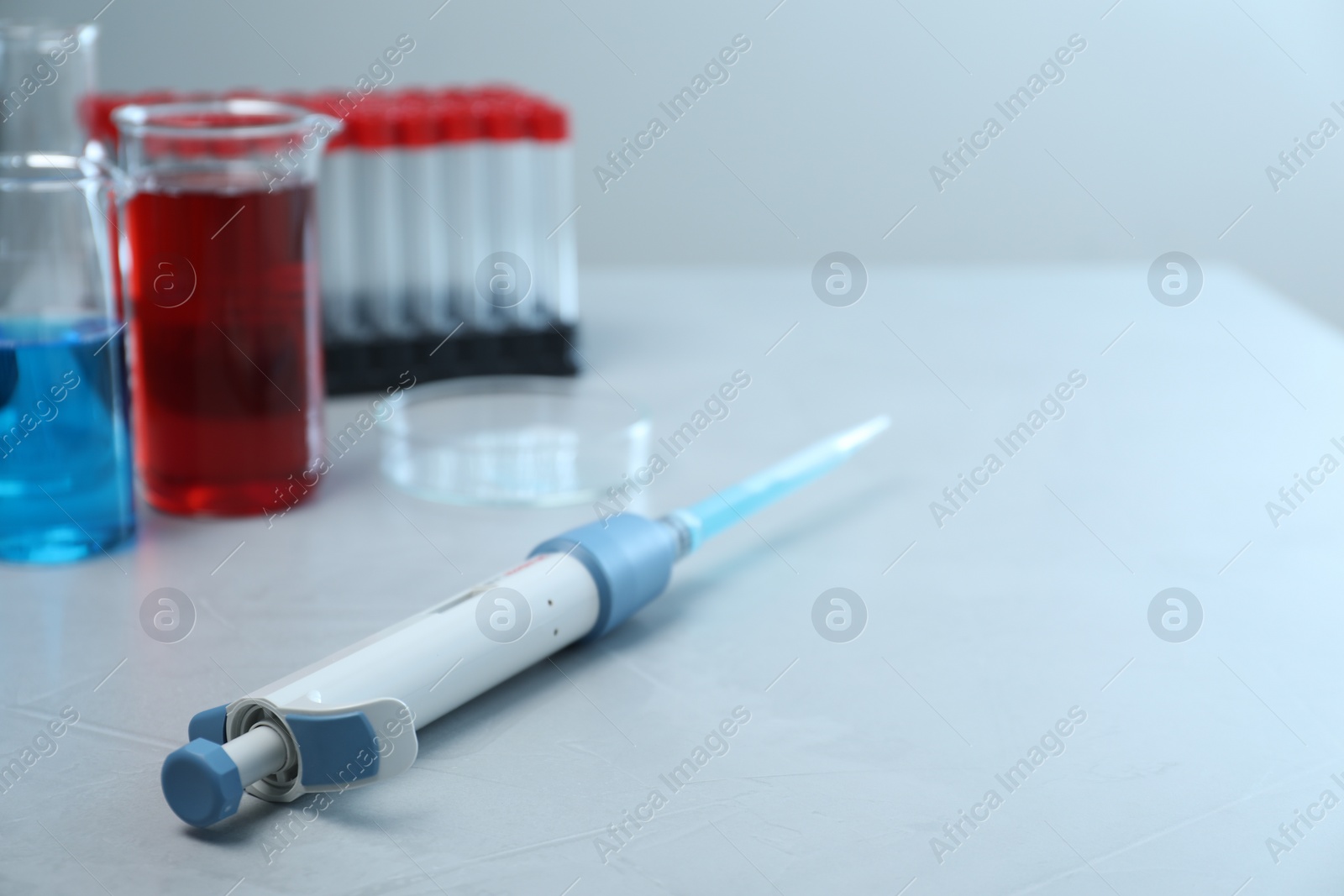 Photo of Laboratory analysis. Micropipette, beakers with liquids, petri dish and test tubes on grey table, space for text