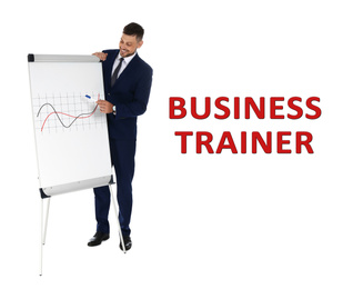 Professional business trainer giving presentation on white background